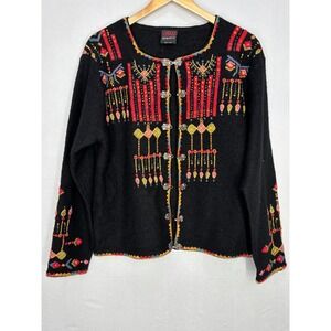 Vrikke Norwegian Wool Cardigan Sweater Embroidered Black Metal Clasps Vintage